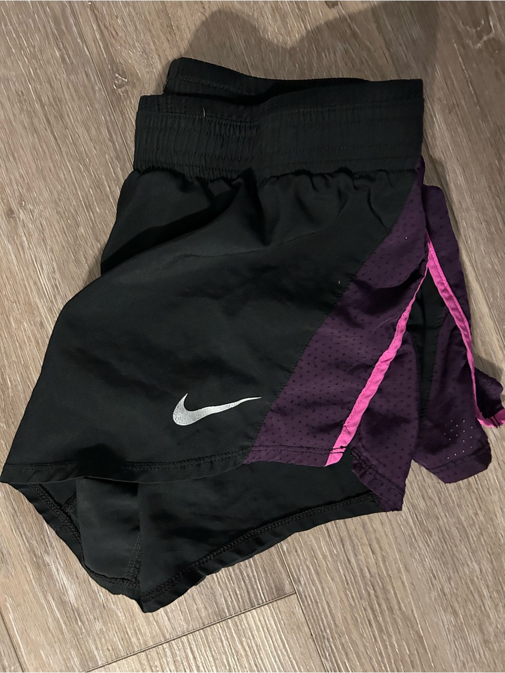 Nike Black Women’s Athletic Shorts with Purple Panels and Pink Trim